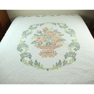 Vintage Needlepoint Bedspread Floral Cottagecore Granny Full 86" x 95" FLAWS‎